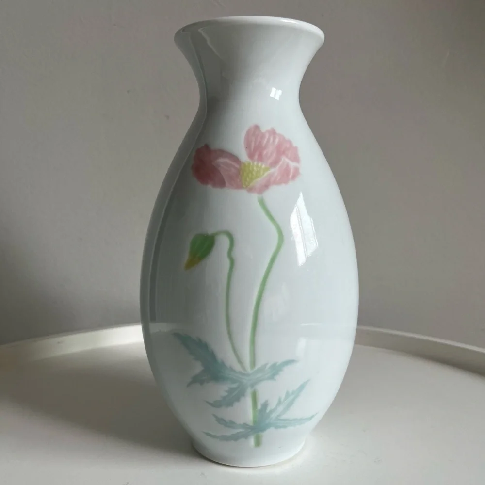 Vintage Pink Poppy Asian White Ceramic Vase